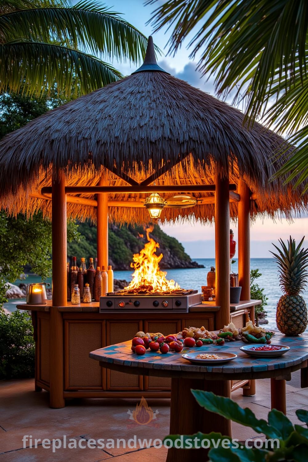 Tropical tiki barbecue with bamboo accents and a palm-thatched roof, featuring crackling flames over charcoal and a mosaic-tiled table filled with fresh ingredients, creating an inviting outdoor atmosphere full of cozy ideas and decor inspirations for your home at fireplacesandwoodstoves.com.