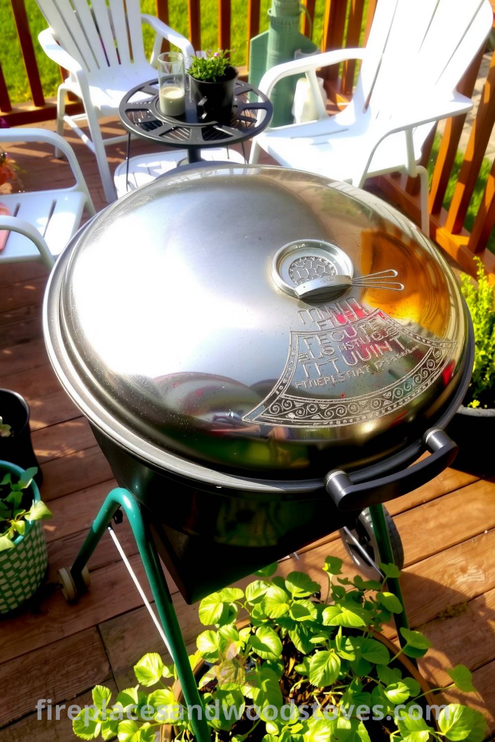 Charcoal barbecue on a wooden deck with shiny metal surface, reflecting sunlight, surrounded by mismatched patio chairs and potted herbs, evoking a cozy summer gathering atmosphere for cookouts. See more decor ideas at fireplacesandwoodstoves.com.