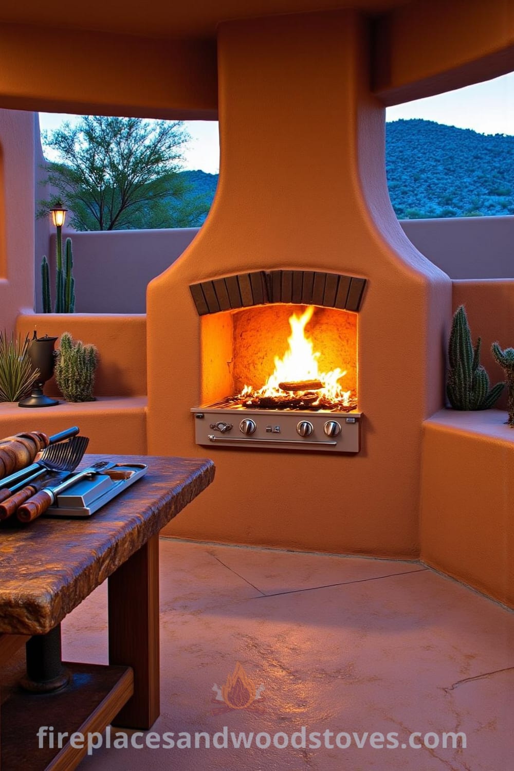 Southwestern adobe outdoor barbecue with flames glowing warmly, rustic wooden table with grilling tools nearby, and cacti in the background, creating a cozy and serene evening ambiance, from fireplacesandwoodstoves.com.
