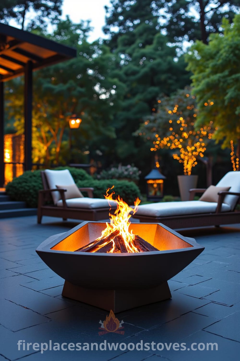 Art Deco fire pit in a geometric garden setting with polished metal and smooth stone, flickering warm flames illuminating dark slate tiles, surrounded by lush greenery and vintage-inspired lounge chairs, creating cozy ideas for your home. Visit fireplacesandwoodstoves.com for more unique ideas.
