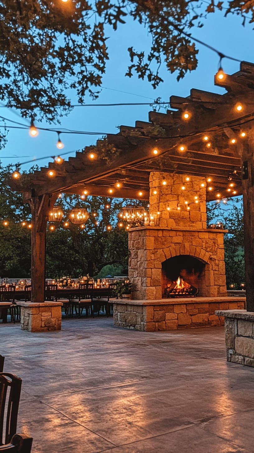 A rustic stone outdoor fireplace surrounded by dining tables and string lights in an outdoor wedding venue.