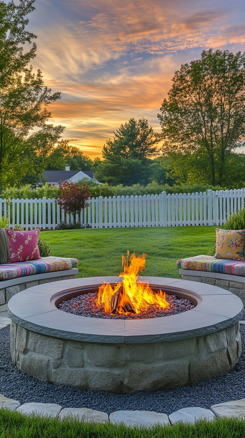 A large, round fire pit centered in an outdoor living area surrounded by colorful cushions on stone seating, with a lush green lawn and a sunset sky filled with vibrant colors.
