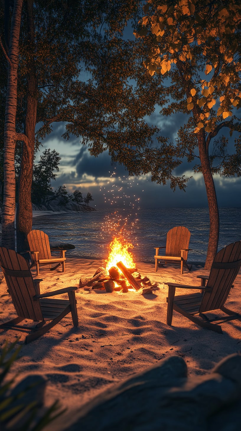 A beach bonfire scene at night, with chairs arranged around the fire, surrounded by trees and calm water, creating a cozy and inviting atmosphere.