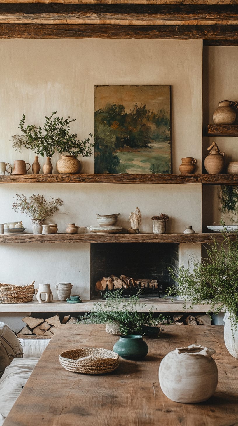 A warm and inviting rustic farmhouse living room featuring a wooden dining set, greenery in vases, a fireplace, and vintage decor, all exuding a cozy atmosphere.
