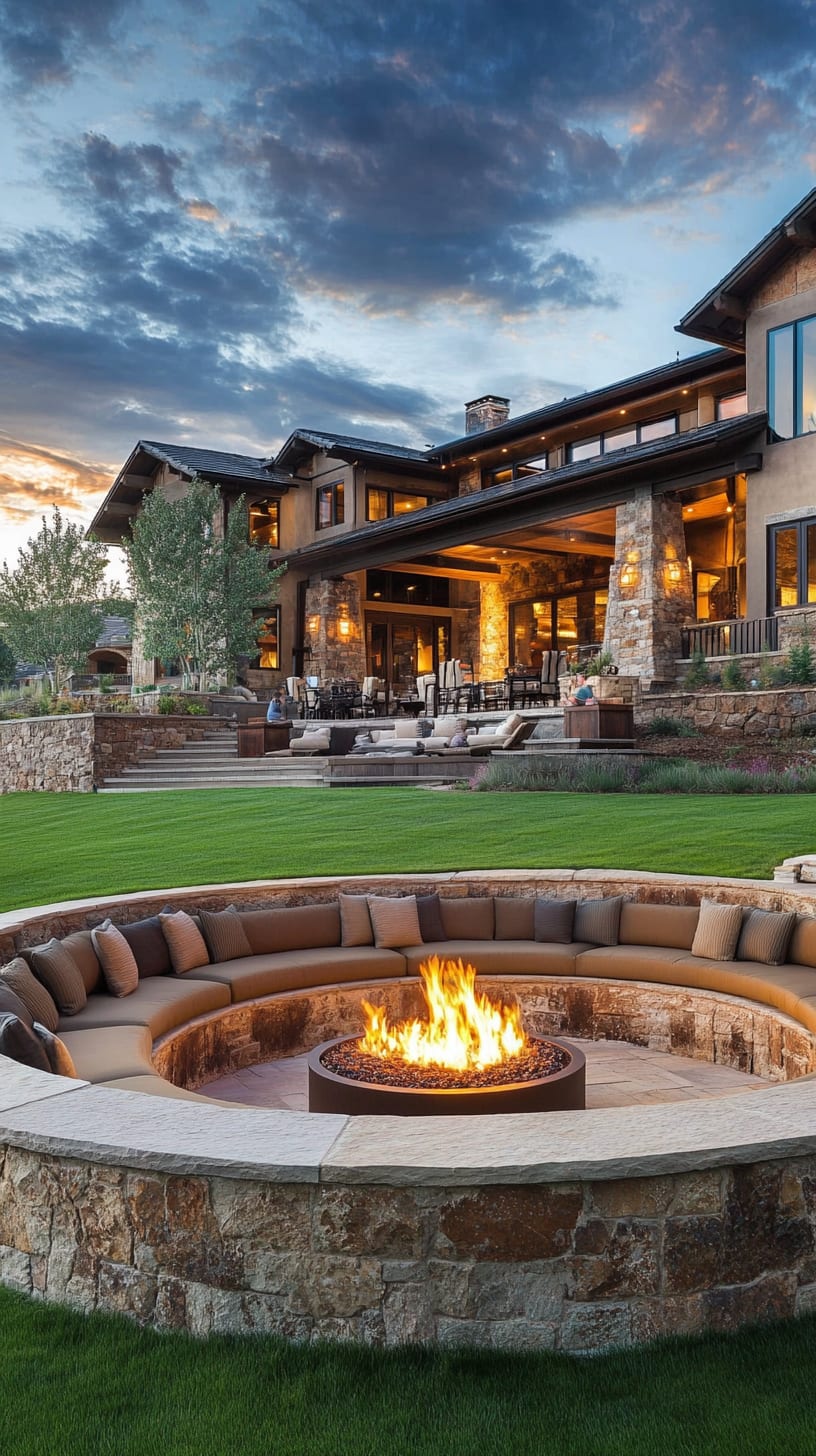 A large circular fire pit surrounded by seating on a lush lawn in front of a modern luxury mansion, capturing the warm ambiance of dusk.