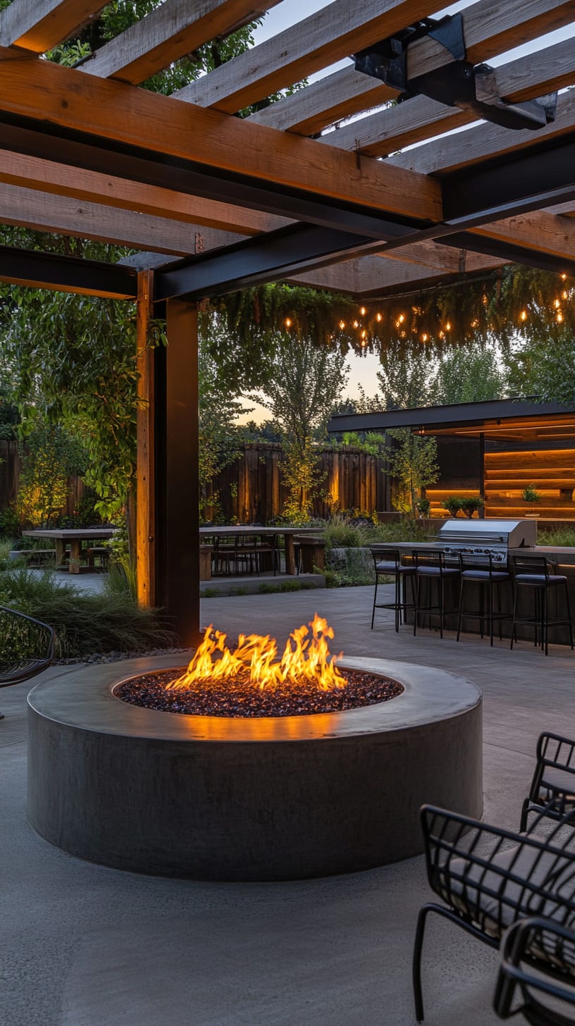 A circular fire pit situated in an outdoor patio surrounded by comfortable seating, lush greenery, and a grilling station, with warm evening lighting and a cozy atmosphere.