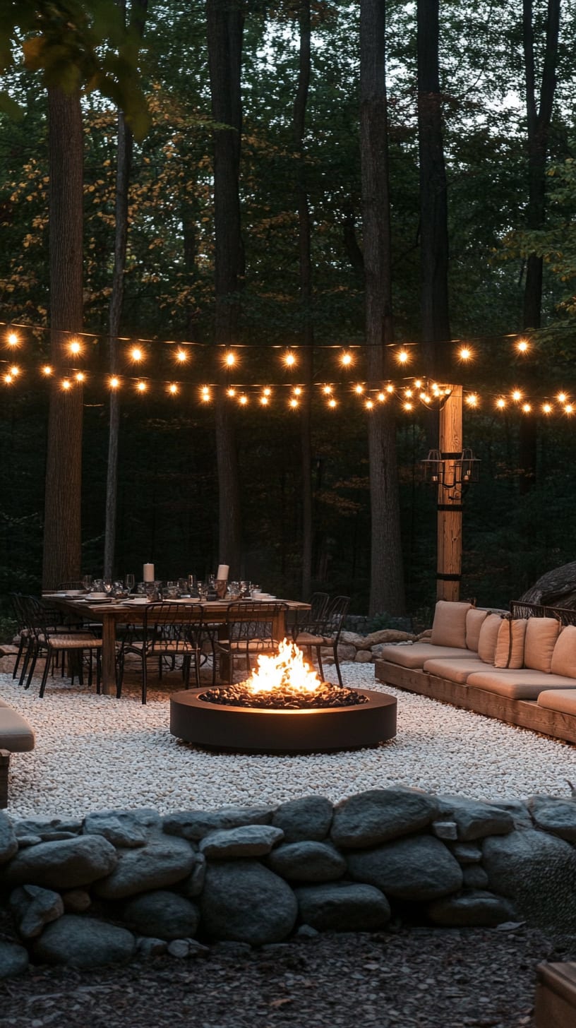 A cozy outdoor fire pit area surrounded by seating and string lights, set against a backdrop of trees in a forest clearing during the evening.
