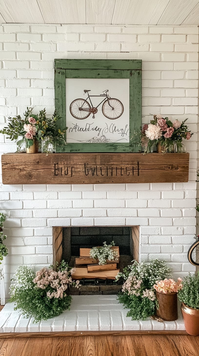 A spring-themed farmhouse fireplace featuring a white brick wall, a green wood frame with a vintage bicycle image above it, and an assortment of pastel flowers and potted plants surrounding the base.