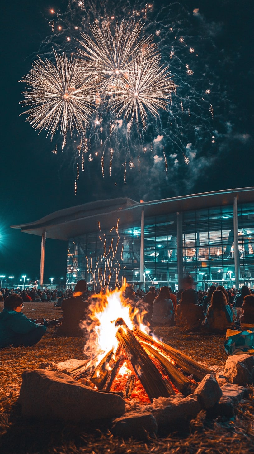 A lively scene of people sitting around bonfires in front of a modern airport, with fireworks lighting up the night sky above them.