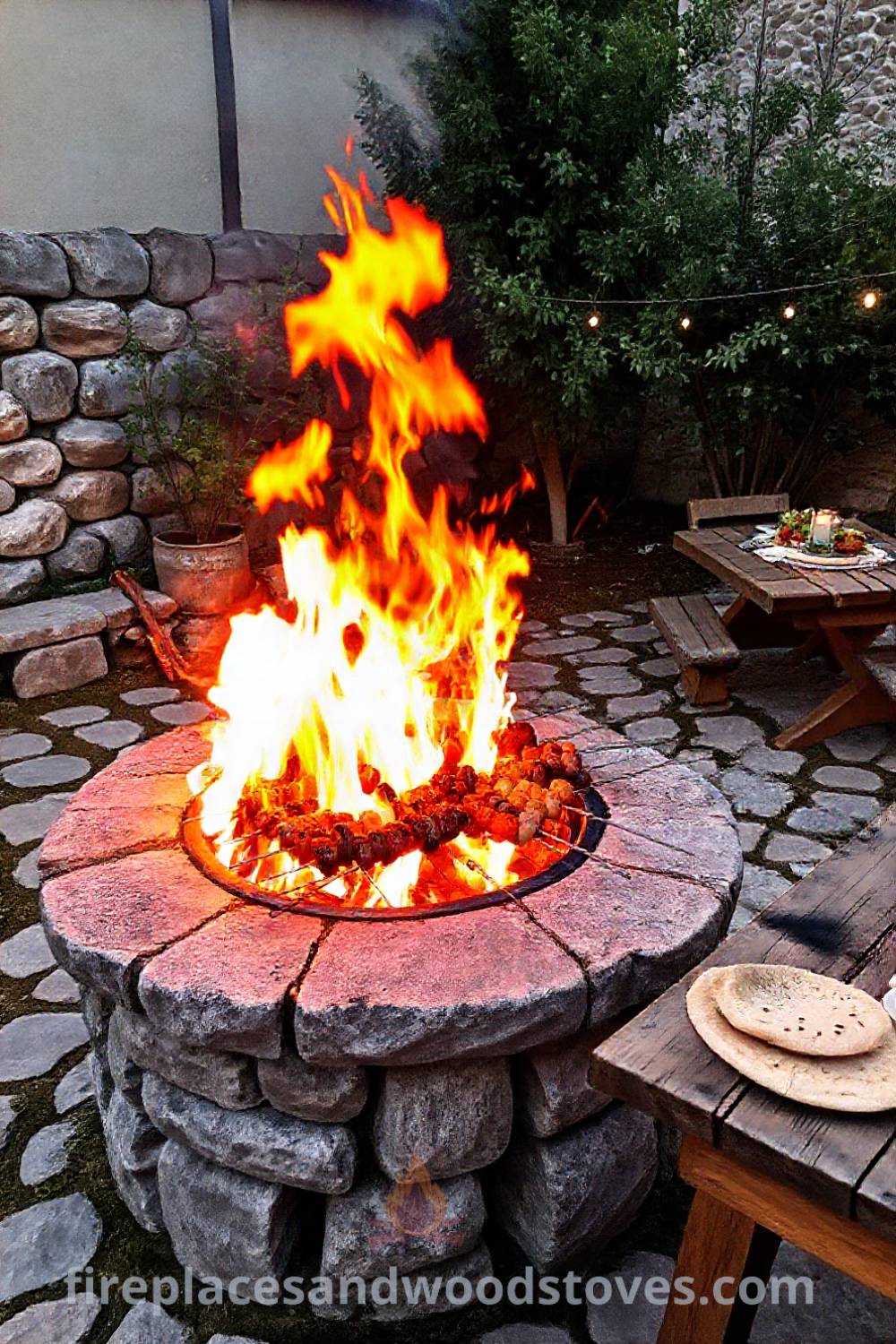 Traditional Turkish mangal barbecue in a cozy backyard setting with marinated meats on skewers, a rustic wooden table with fresh salads and pita, creating a warm and inviting atmosphere for family gatherings. Visit patioandhomefurniture.com for stylish outdoor ideas that will wow your guests.