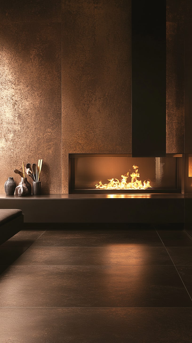 A modern interior featuring a sleek fireplace with flames illuminating textured brown walls, complemented by a matte black tiled floor and decorative vases on a low table.