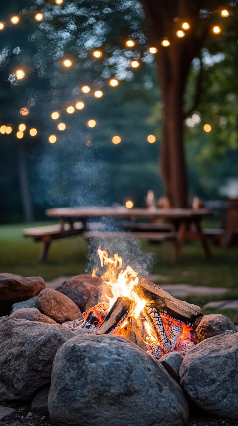 A cozy campfire surrounded by large rocks, with string lights above and a picnic table in the background, creating a warm atmosphere in a natural outdoor setting.