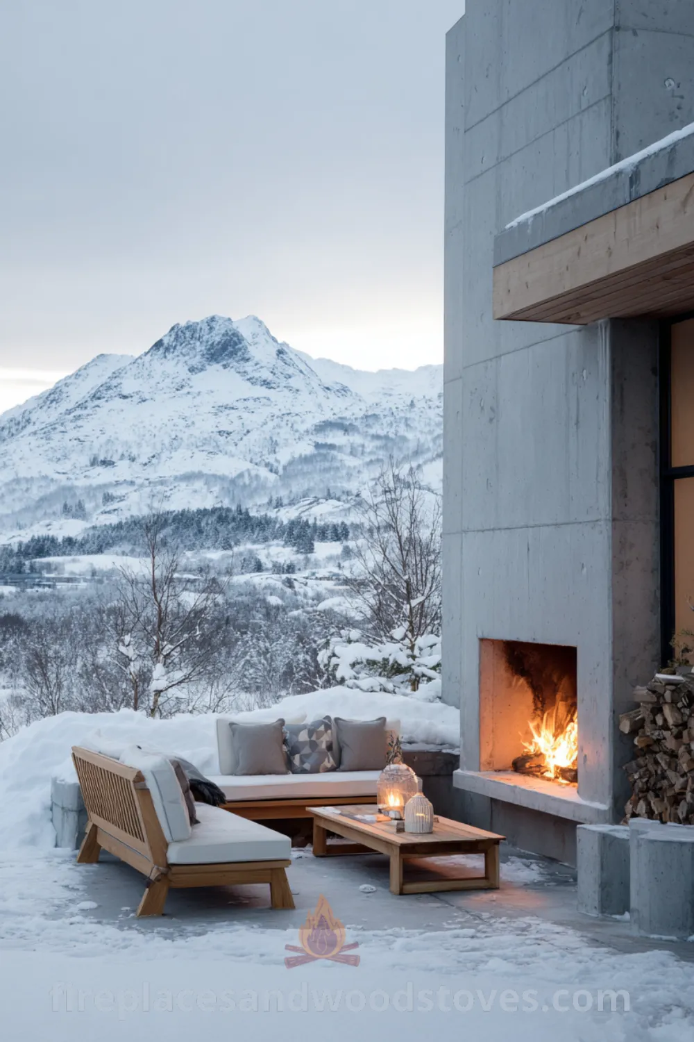 Scandinavian outdoor fireplace with warm fire glow, integrated seating wood, and serene snowy landscape ideal for cozy gatherings.