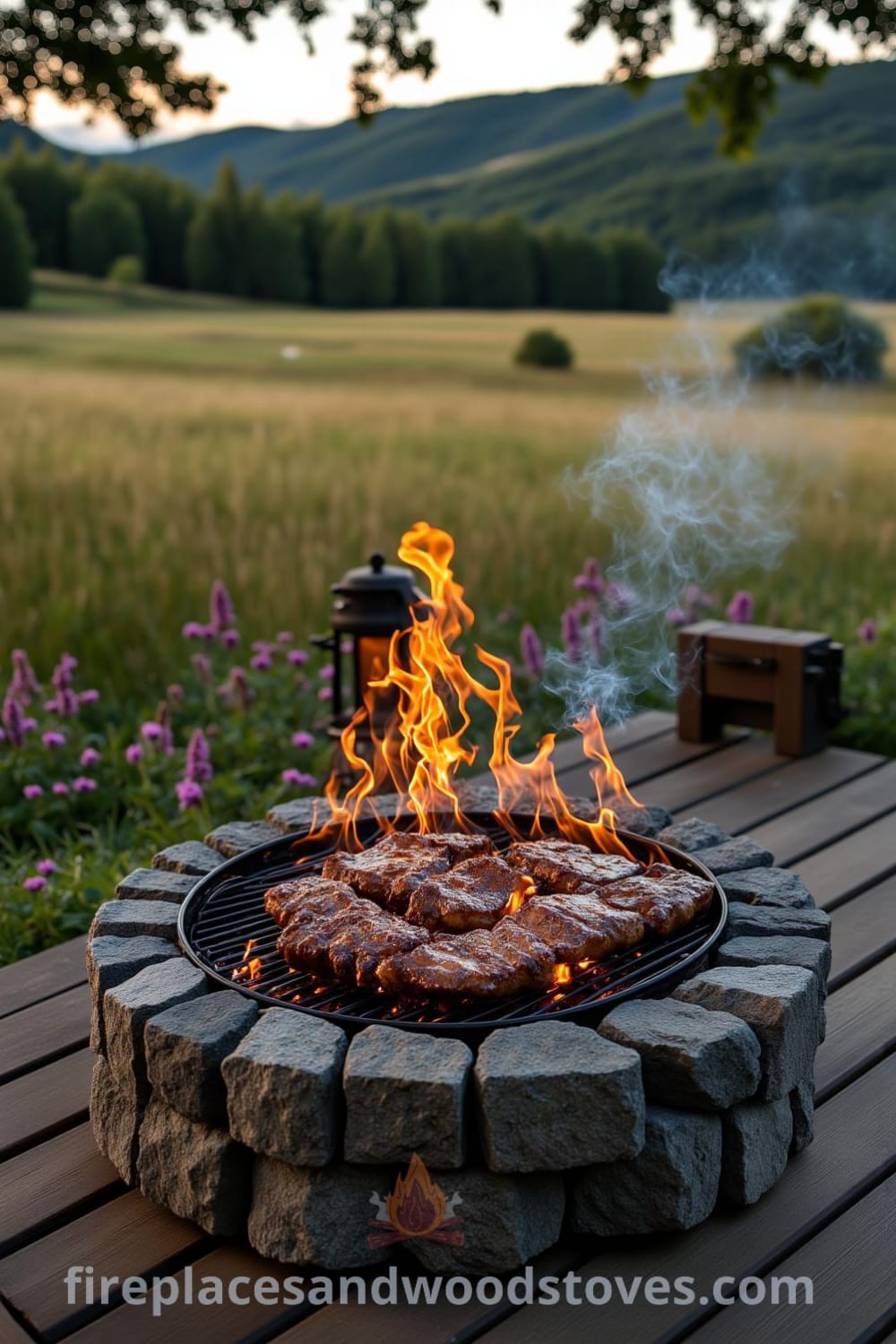 Nomadic firepit outdoor barbecue on a wooden deck surrounded by tall grass and wildflowers with flames illuminating reclaimed wood seating, creating a cozy atmosphere for gatherings, featured on fireplacesandwoodstoves.com.