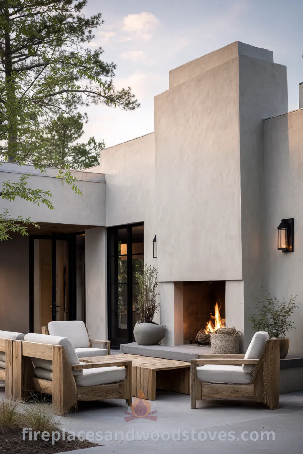 Serene Scandinavian outdoor patio featuring a minimalist outdoor fireplace, untreated wood seating, and natural outdoor decor.