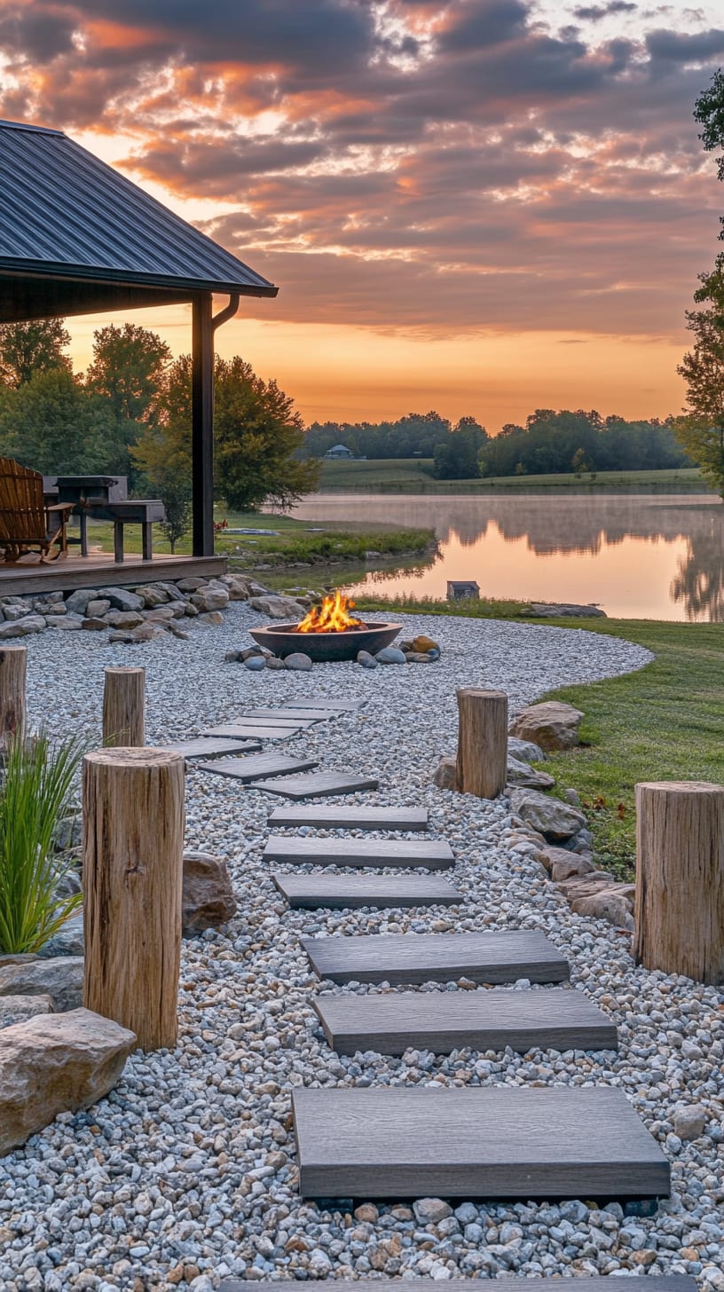 A modern farmhouse-style fire pit surrounded by smooth pebbles and lush green grass, with a beautiful sunset reflecting on the lake in the background.