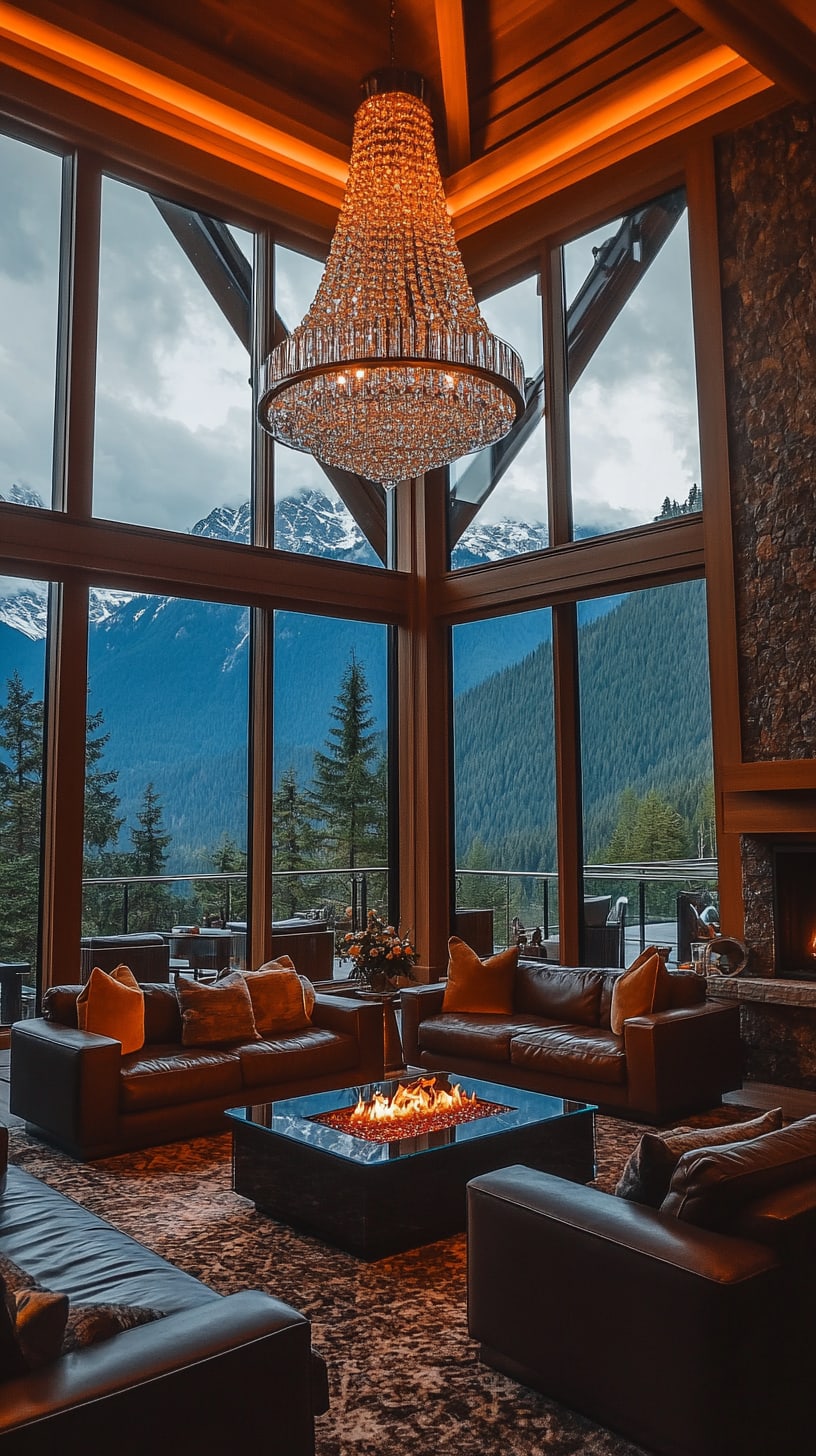 A luxurious hotel living room with leather sofas, a fireplace, and large windows overlooking the mountains, featuring a crystal chandelier and warm lighting.