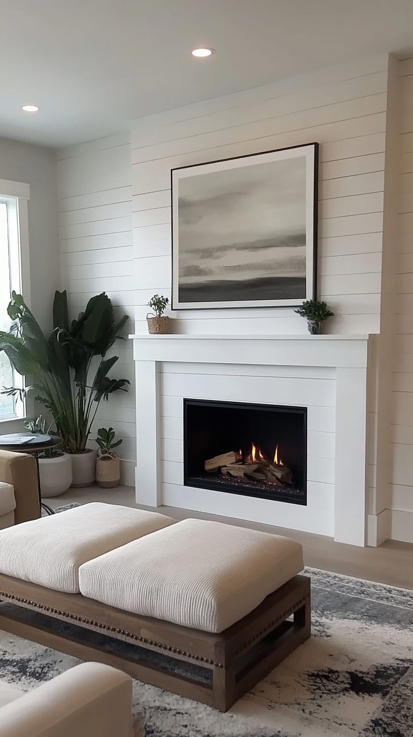 A cozy modern farmhouse living room featuring a white shiplap fireplace, comfortable seating, houseplants, and bright natural light creating an inviting atmosphere.