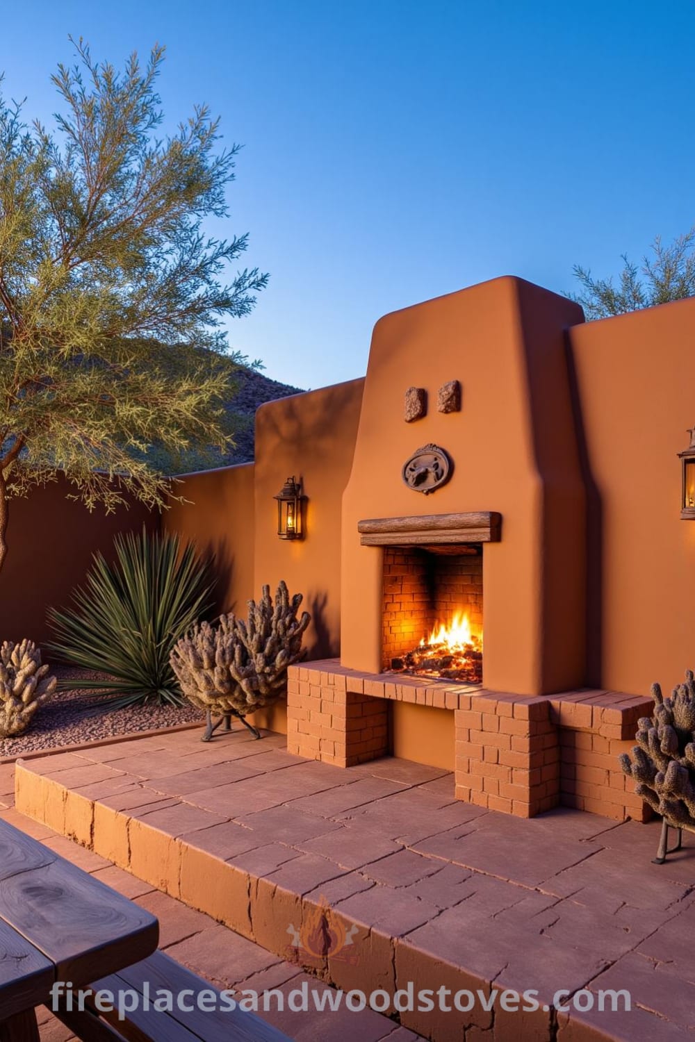 Southwestern adobe outdoor barbecue surrounded by desert plants with wood-fueled flames, a rustic picnic table bearing memories, and sun-bleached stones, creating a cozy atmosphere perfect for gatherings, as seen on fireplacesandwoodstoves.com.