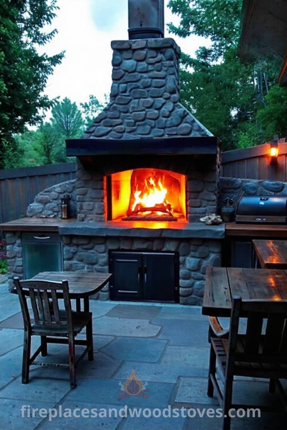 Outdoor kitchen with a wood-burning fireplace surrounded by greenery and mismatched chairs, creating a cozy and inviting atmosphere for evening gatherings. Visit patioandhomefurniture.com for stylish and creative ideas that will wow your guests.