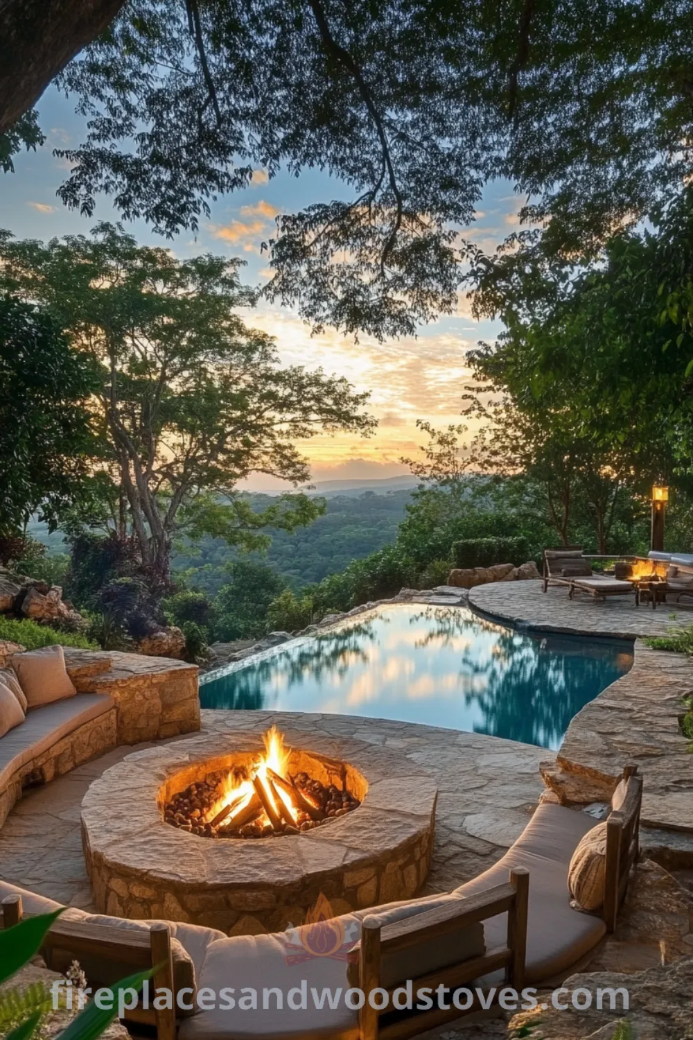 Cozy backyard pool retreat featuring a sleek inground pool, sunken fire pit, and exceptional pool landscaping for a perfect outdoor entertainment area on fireplacesandwoodstoves.com.