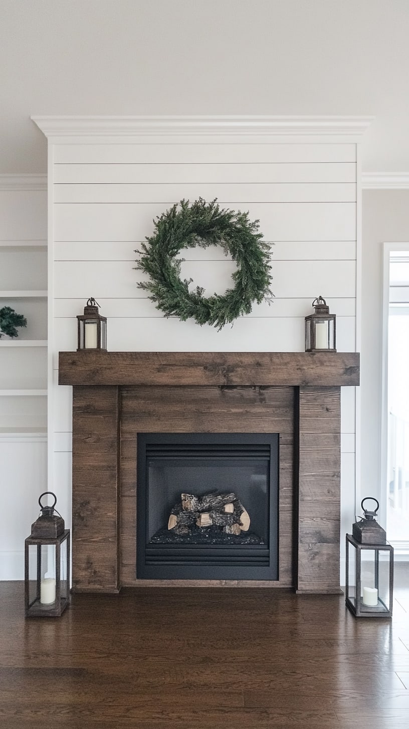 A cozy modern farmhouse fireplace featuring shiplap, wooden beams, and lanterns, with a greenery wreath on a white wall, creating a warm, inviting atmosphere.