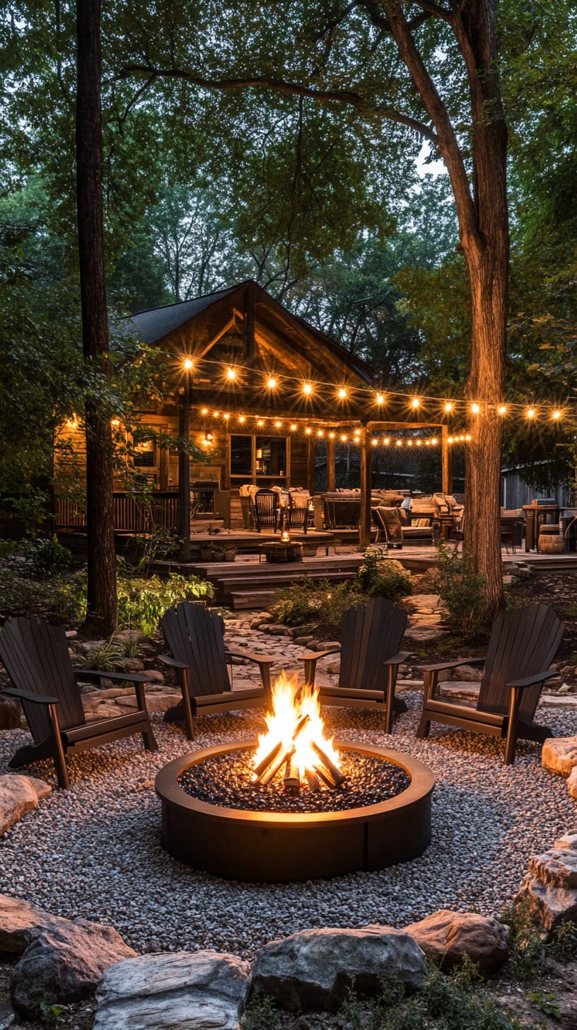 A cozy fire pit surrounded by comfortable chairs and string lights, with a rustic cabin and trees in the background, creating an inviting outdoor living space.
