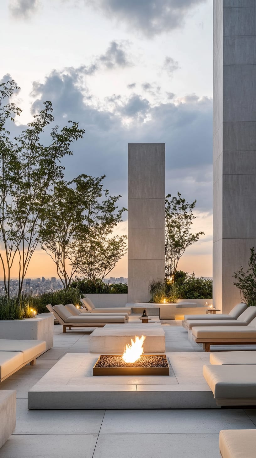 A minimalist rooftop terrace featuring a fire pit, lounge seating, and large white columns against a sunset sky.