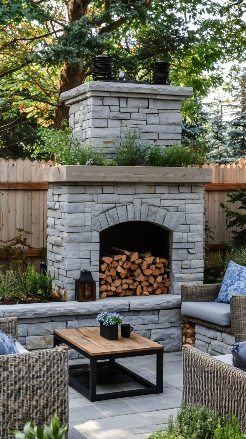 A stone outdoor fireplace with firewood, surrounded by comfortable seating and decorative plants in a cozy urban backyard.
