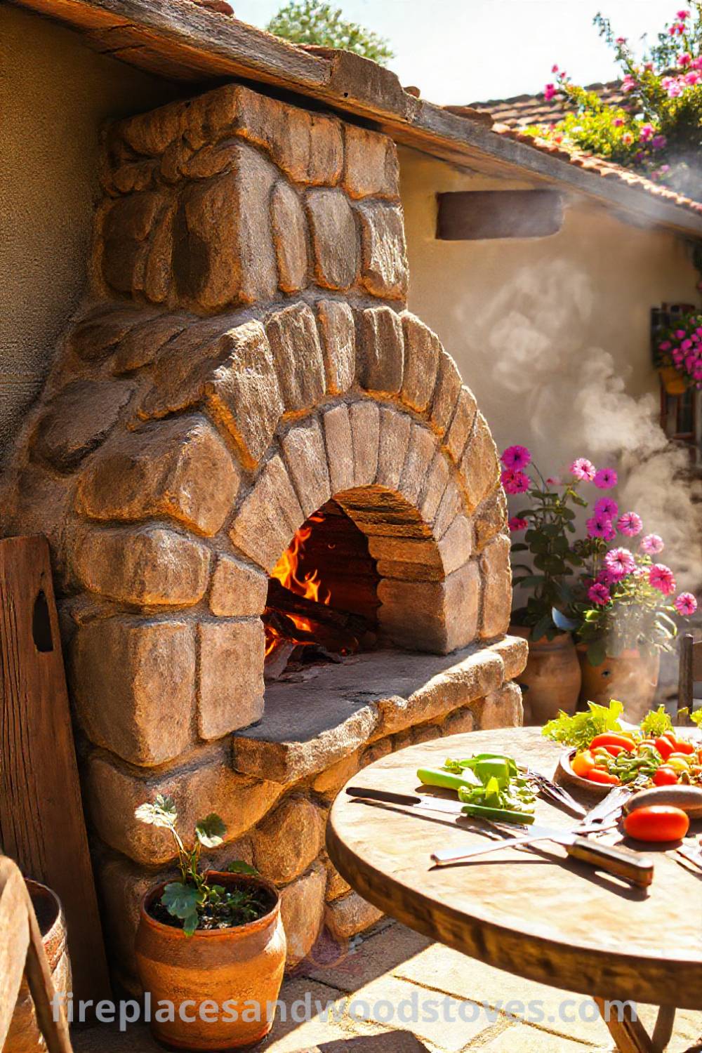 Stone BBQ oven on sun-drenched patio surrounded by colorful plants and grilling tools, creating a cozy outdoor cooking atmosphere perfect for gatherings. Visit patioandhomefurniture.com for stylish ideas that will wow your guests.
