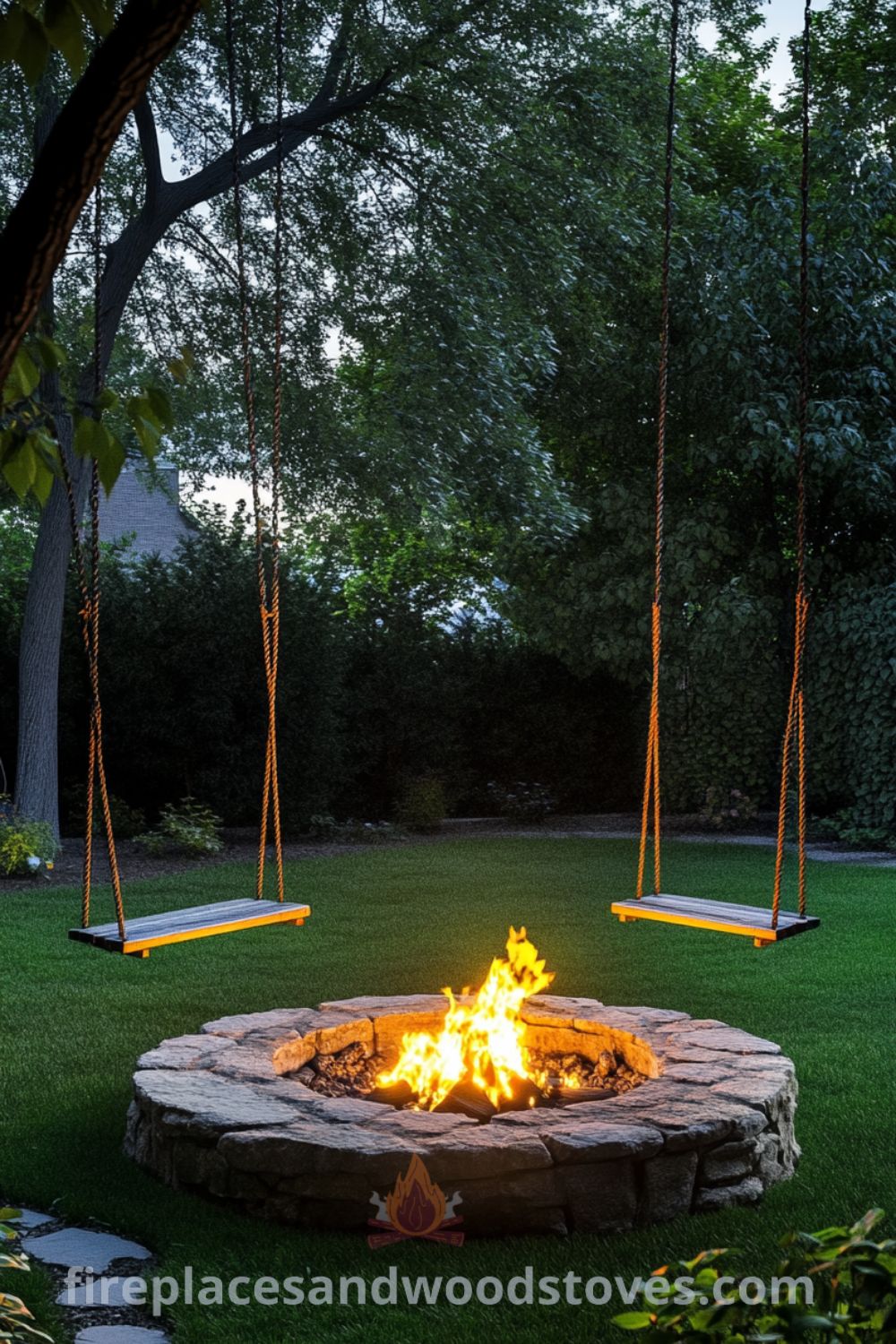 Charming backyard fire pit featured on fireplacesandwoodstoves.com, designed for outdoor living with swings around the fire pit, cozy seating area, and backyard design inspirations for a collective space.