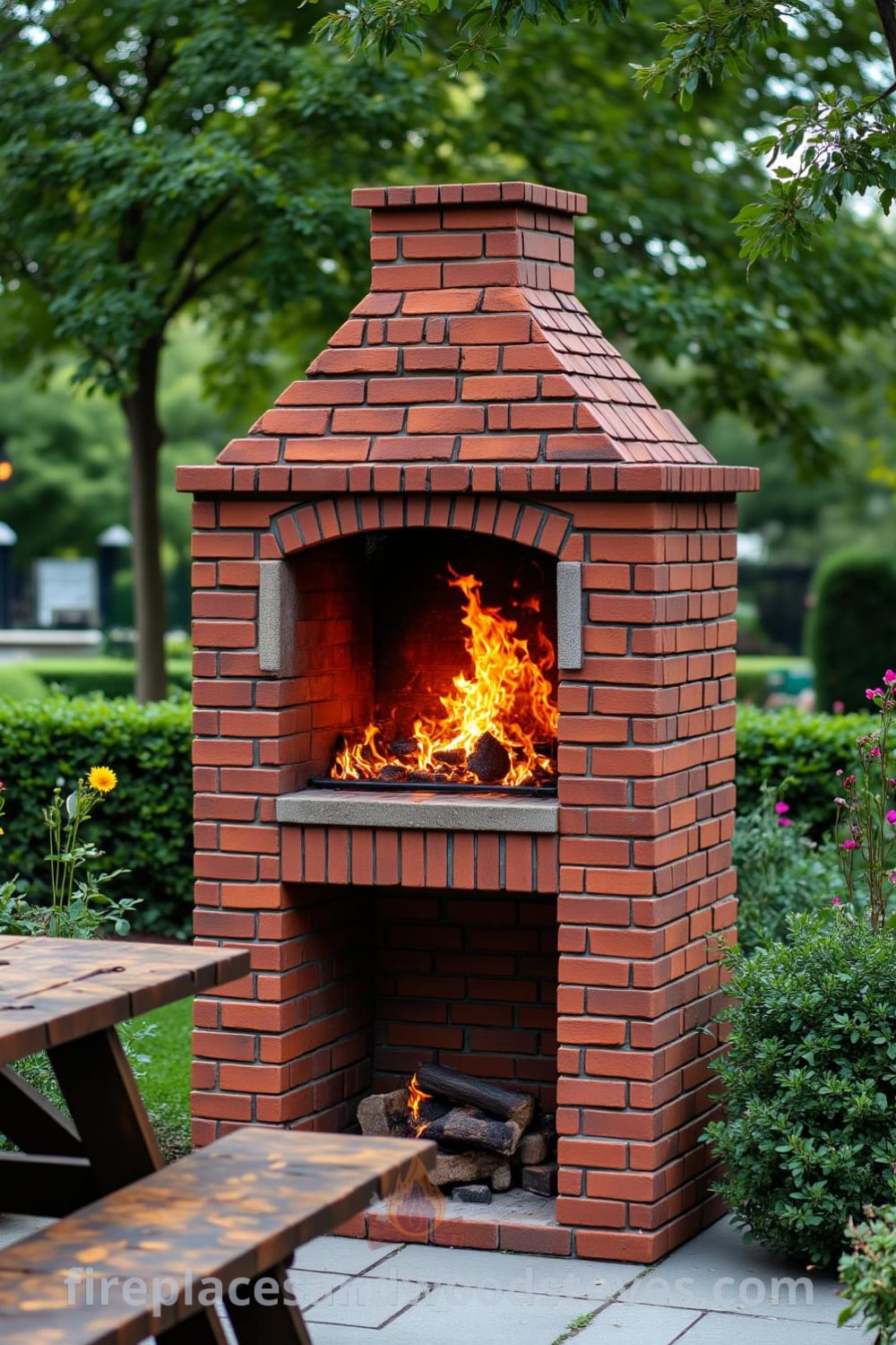 A traditional brick outdoor barbecue in a lush backyard with bright flames illuminating the greenery, accompanied by a rustic picnic table showing signs of family gatherings, creating a cozy atmosphere ideal for summer evenings. Visit fireplacesandwoodstoves.com for more cozy home design ideas and inspirations.