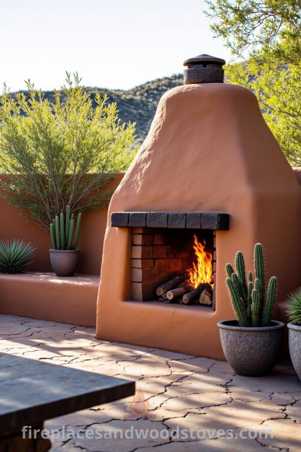 Southwestern adobe outdoor barbecue with rustic clay structure under the sun, surrounded by potted cacti and succulents, and inviting flames flickering, providing cozy ideas and inspirations for your home on fireplacesandwoodstoves.com.