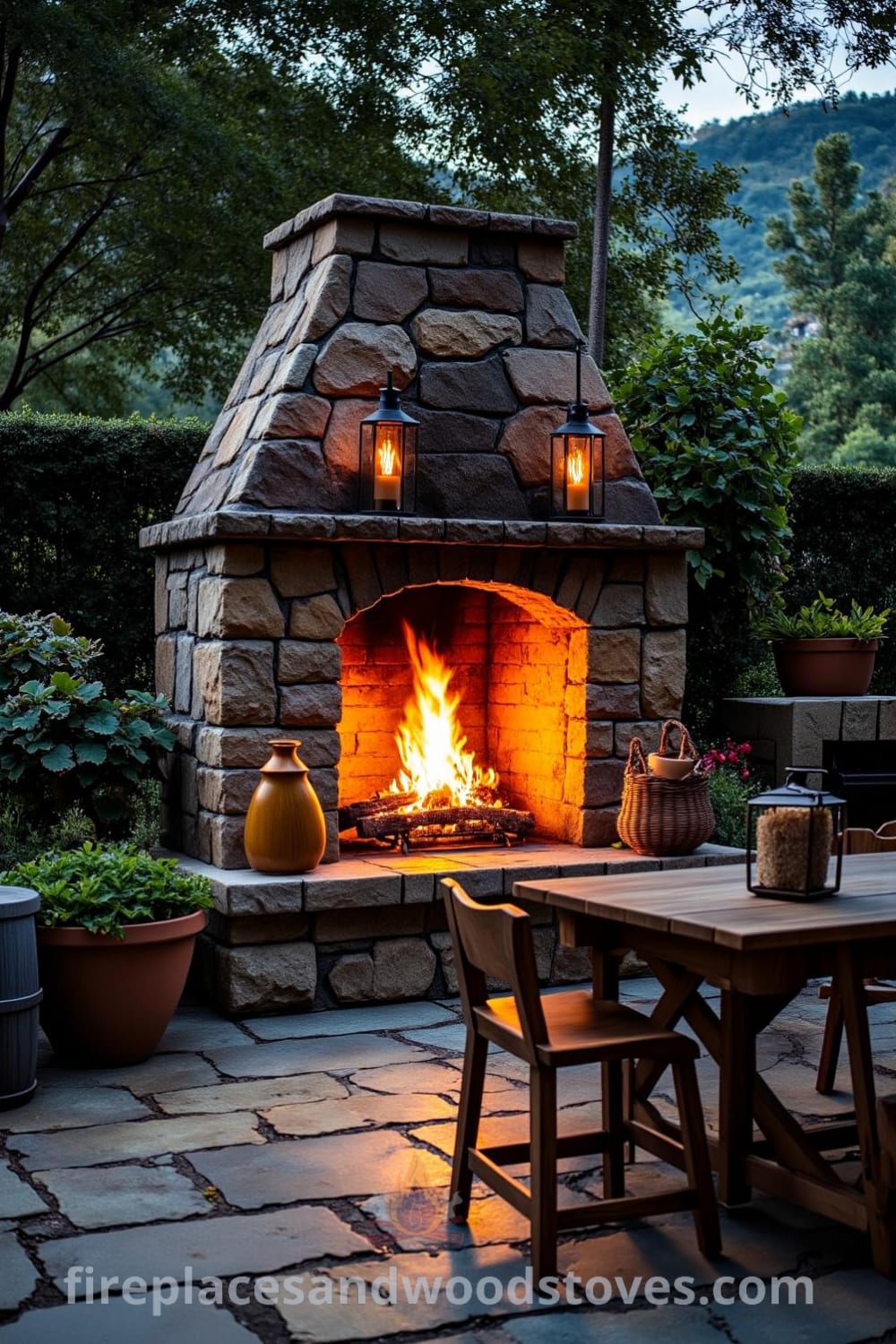 Rustic stone outdoor fireplace on a weathered patio surrounded by lush greenery, flickering fire providing warm light, rickety wooden table with mismatched chairs, creating a cozy atmosphere for gatherings, showcasing design ideas and inspirations for a cozy home, featured on fireplacesandwoodstoves.com.