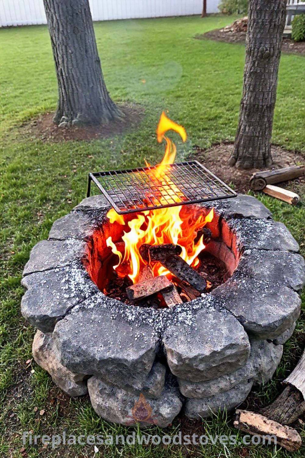 Stone charcoal fire pit as the centerpiece of a grassy backyard, with flickering flames, an askew grill grate, and scattered logs, creating a cozy and inviting outdoor space ideal for gatherings. Visit patioandhomefurniture.com for incredible ideas that will wow your guests and transform your backyard.