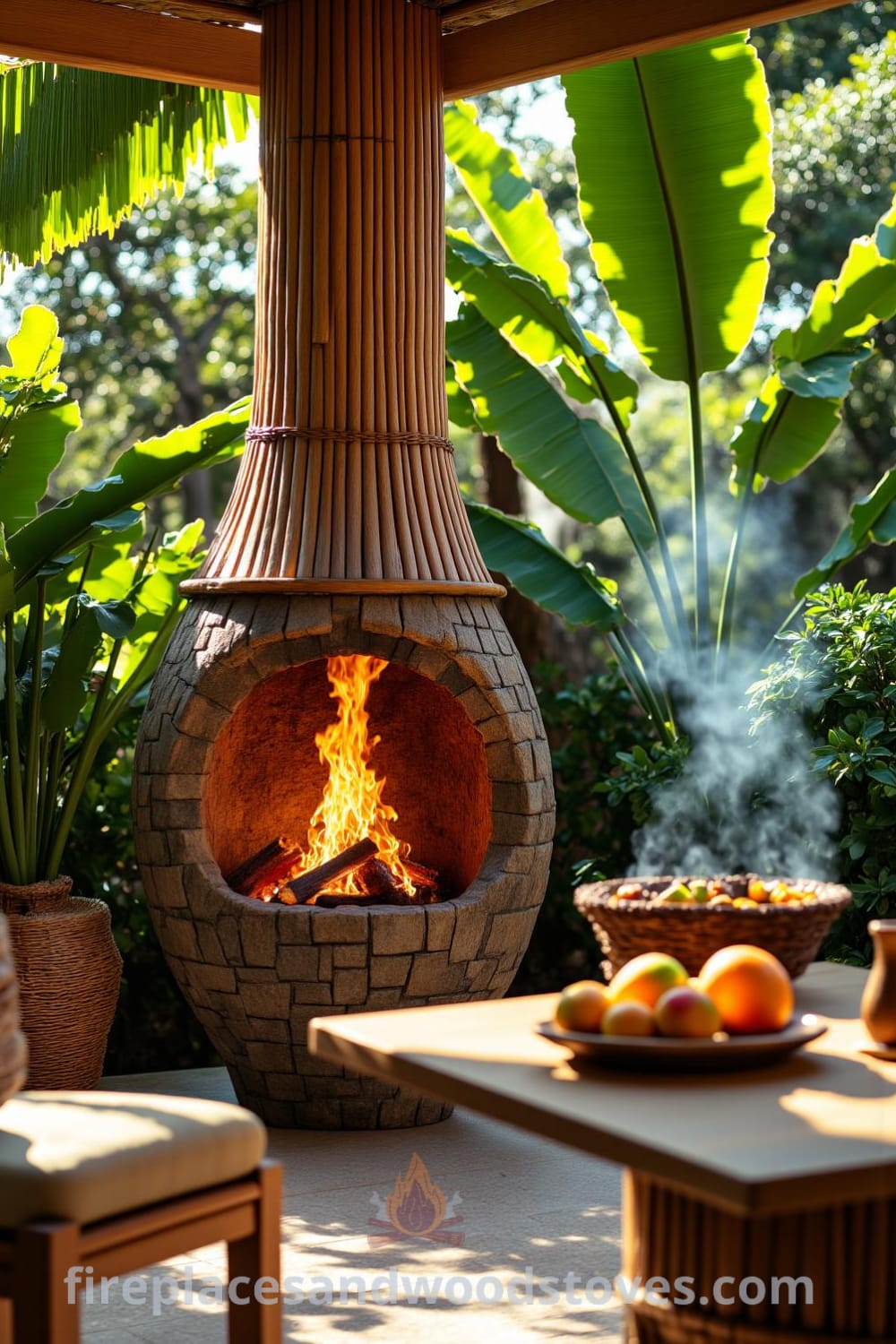 Tropical bamboo barbecue fireplace in a lush, sunlit patio surrounded by greenery, featuring a rustic stone fire pit with bright flames, a wooden table adorned with colorful tropical fruits, and ethereal smoke rising, creating an inviting outdoor oasis, inspired by cozy ideas for your home, showcased at fireplacesandwoodstoves.com.