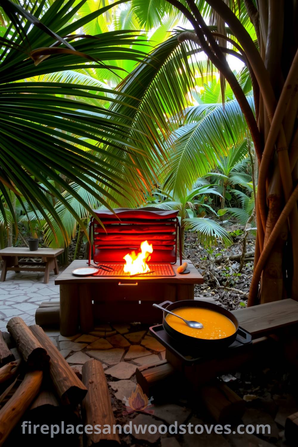 Rustic outdoor barbecue nestled under a lush jungle canopy with warm flames, natural wood structure, scattered logs, and an inviting picnic table, creating a cozy atmosphere for gatherings. Visit fireplacesandwoodstoves.com for inspiring decor ideas.