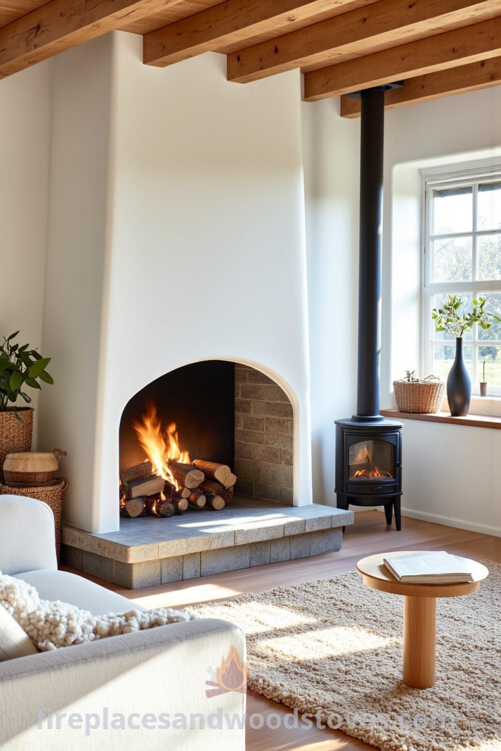 Scandinavian whitewashed fireplace in a sunlit living room with rustic stone hearth, warm wooden beams, and plush rug, offering cozy ideas and inspiring decor inspirations for your home. Visit fireplacesandwoodstoves.com for unique ideas.
