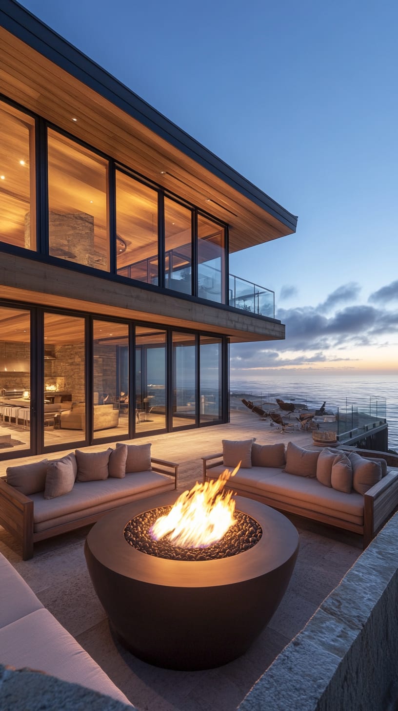A modern terrace featuring an oversized fire pit, comfortable seating, and panoramic views of the ocean at dusk, showcasing a cozy and inviting atmosphere.