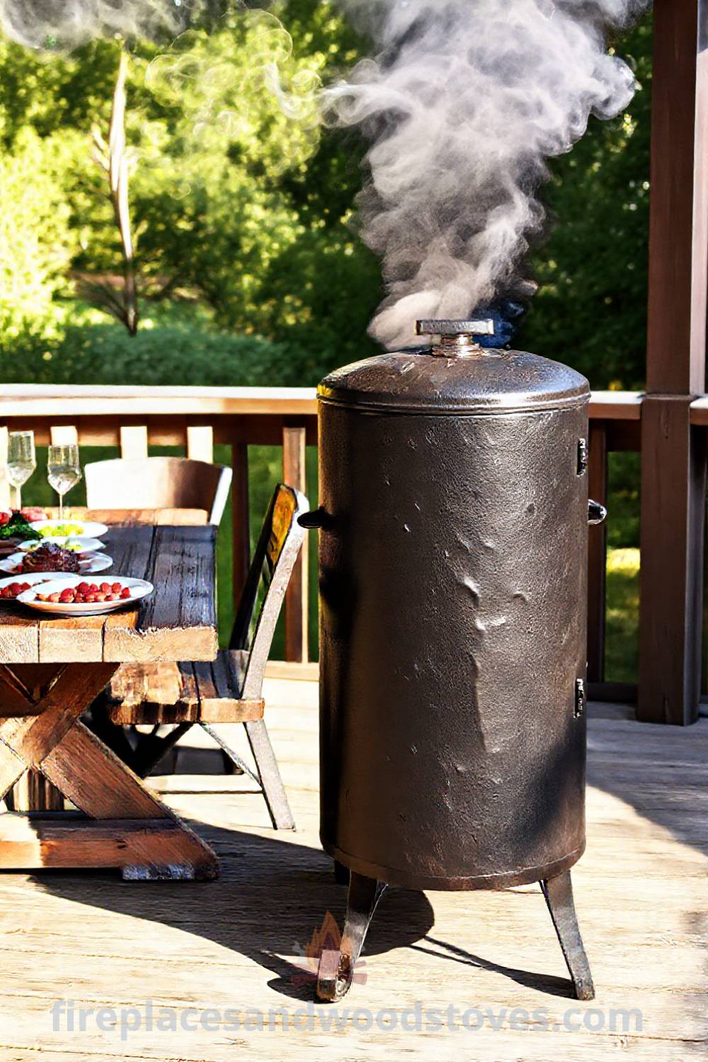 Vertical smoker barbecue on a wooden deck surrounded by colorful dishes, creating a cozy and inviting outdoor setting perfect for gatherings and flavorful meals; visit patioandhomefurniture.com for incredible ideas that will wow your guests.