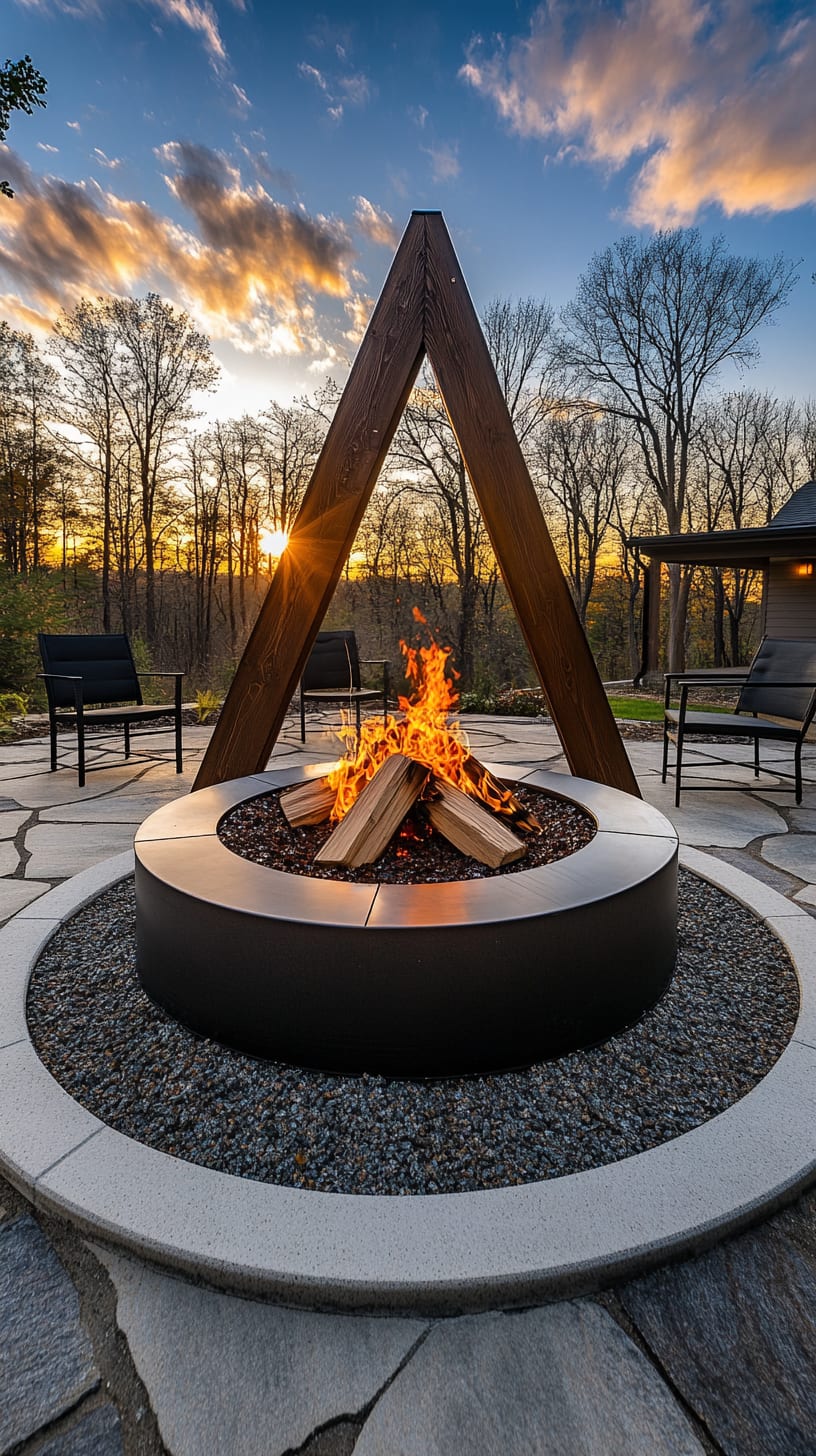 A modern outdoor fire pit with a triangular steel frame, surrounded by natural stone, set against a sunset backdrop in a tranquil garden.
