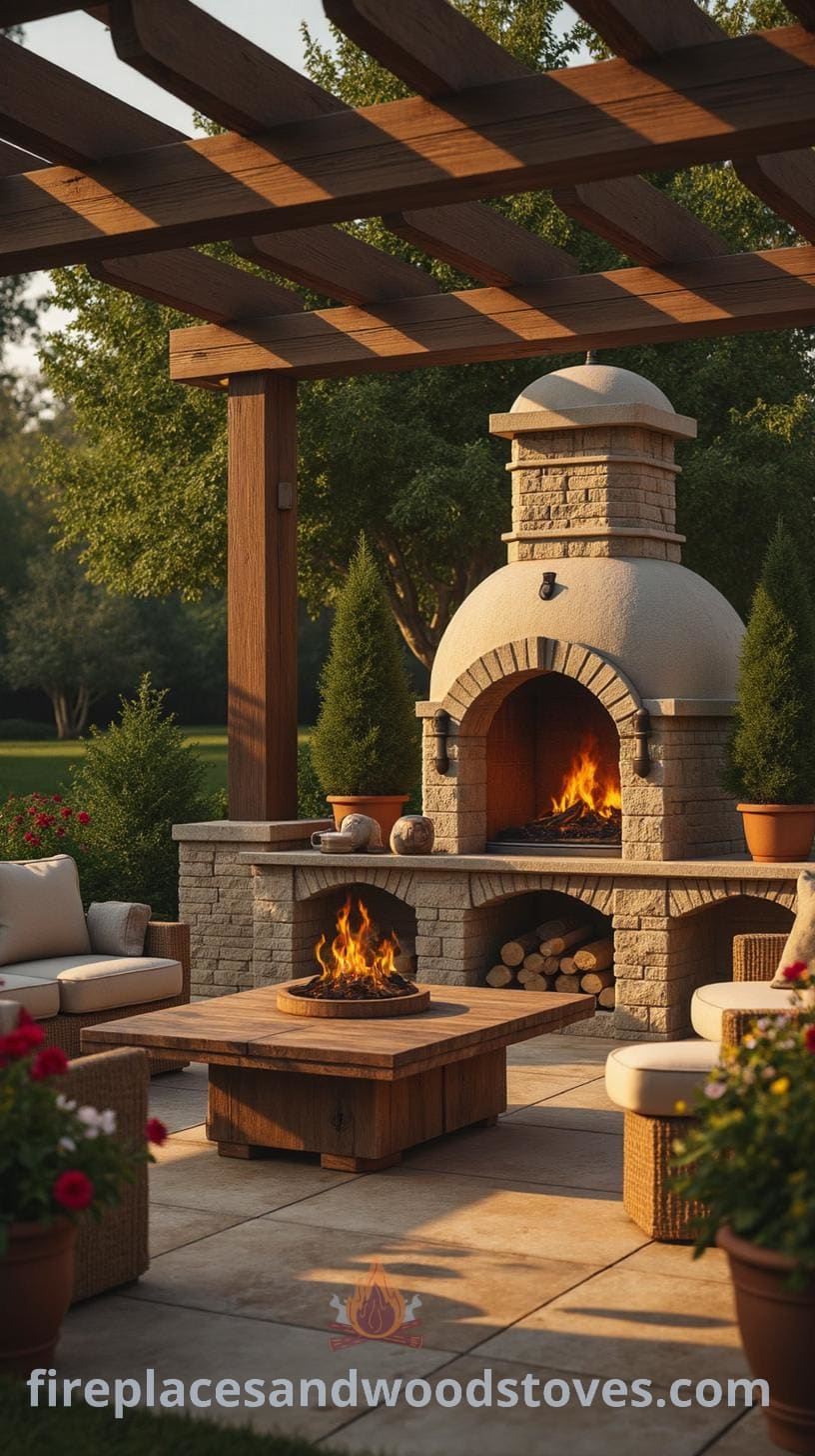 A cozy outdoor area featuring a pergola, two stone ovens, and a barbecue grill, surrounded by potted plants and a comfortable seating arrangement.