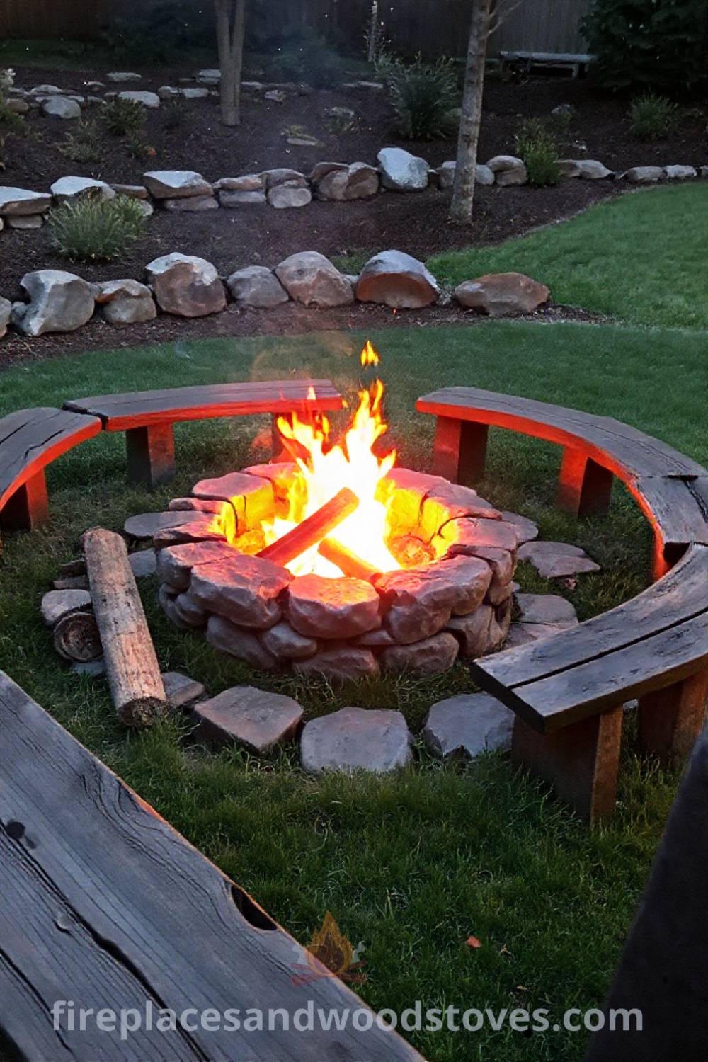 Rustic stone fire pit surrounded by wooden benches in a landscaped backyard, creating a cozy and inviting atmosphere for gatherings under the stars. Visit patioandhomefurniture.com for incredible ideas that will wow your guests.