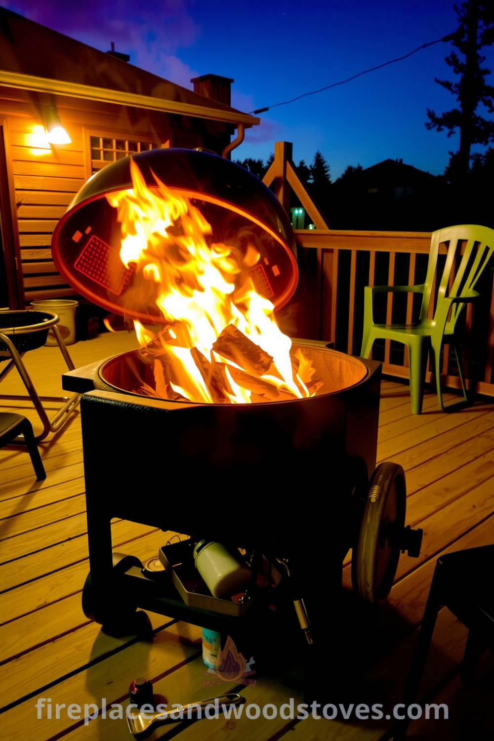 Rustic barbecue on a wooden deck with a warm glow from flames, surrounded by mismatched chairs and scattered tools, celebrating outdoor cooking with cozy decorations and inviting atmosphere at fireplacesandwoodstoves.com.