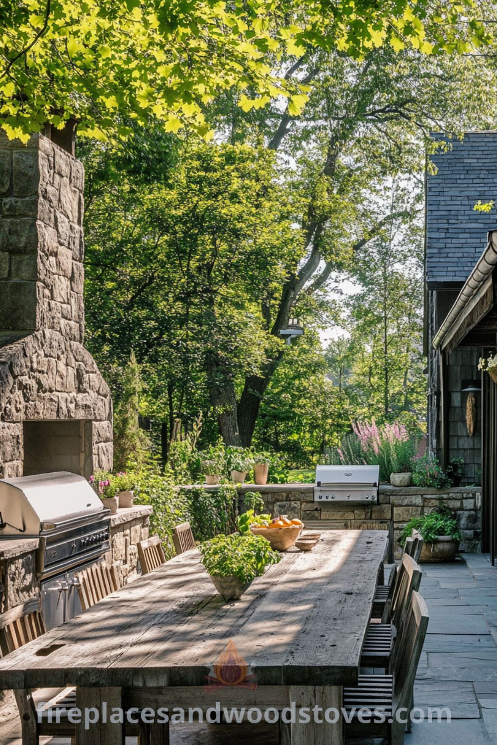 Cozy outdoor kitchen showcasing weathered stone counters, rustic wooden table, and a wood-burning fireplace, surrounded by lush greenery, providing inviting decor ideas for a cozy home experience at wellnesswink.com.