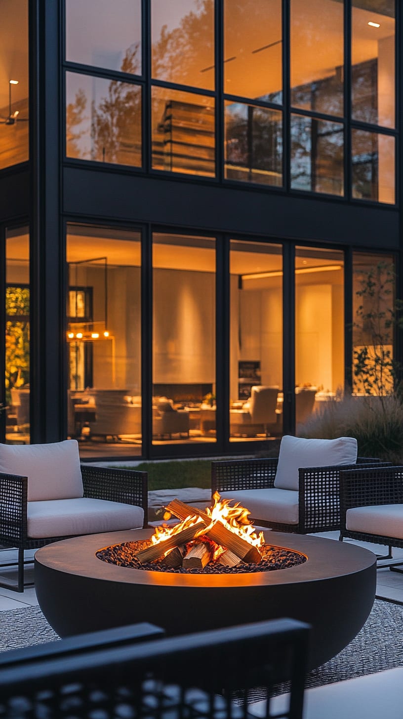 A modern outdoor setting featuring a fire pit surrounded by comfortable seating and a warm glow from the interior lights of a stylish home.