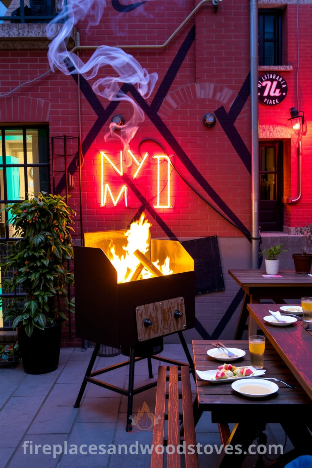 Rugged industrial outdoor barbecue in a vibrant urban courtyard, surrounded by exposed brick walls, inviting picnic table, and flickering firelight, creating a cozy environment for gatherings and inspiring decor ideas for your home. Visit fireplacesandwoodstoves.com for more unique ideas.