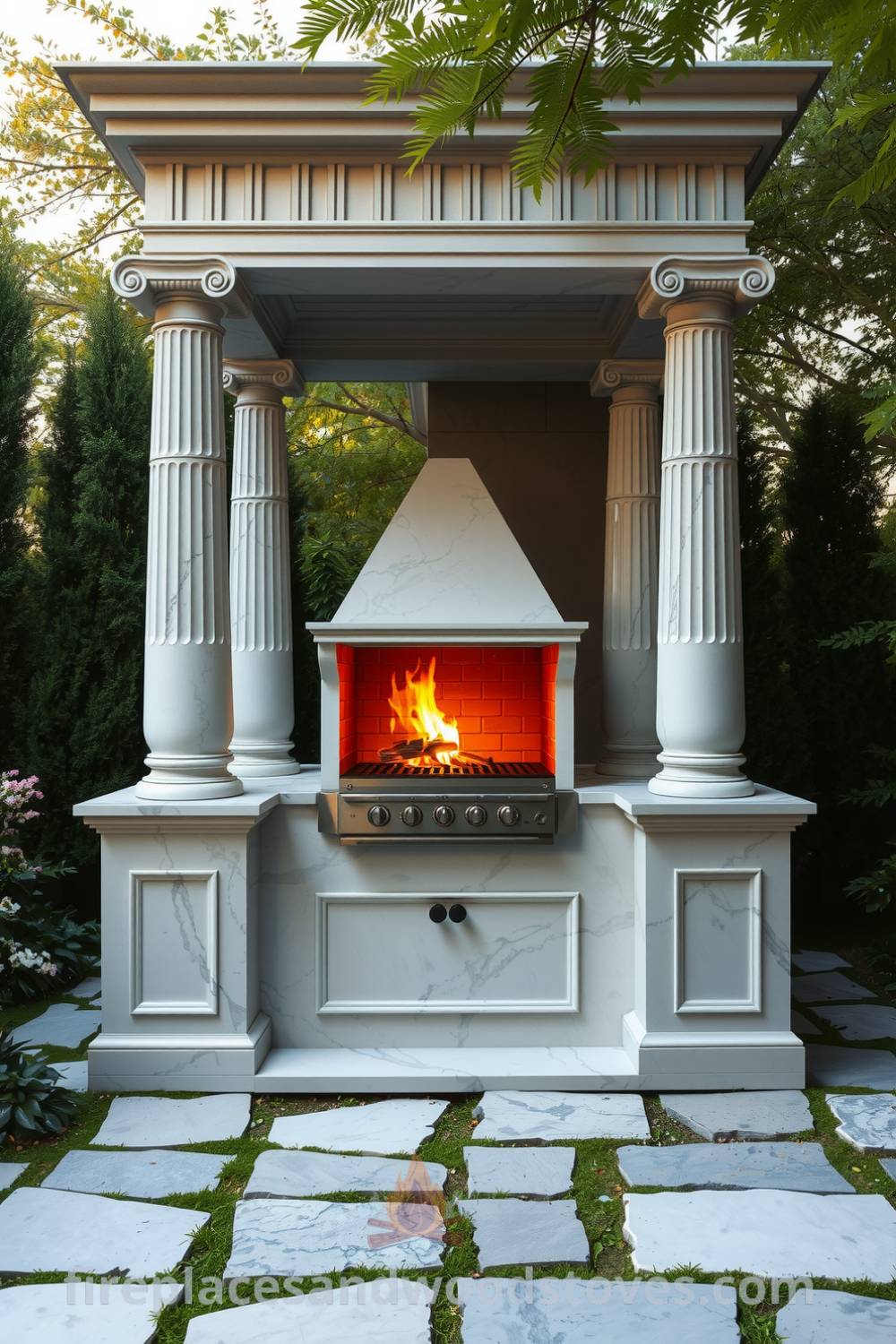 Neoclassical marble outdoor barbecue in a sunlit garden featuring grand columns, warm wood-fueled flames, and surrounding stone pathways, creating a cozy atmosphere for gatherings, ideal for unique ideas and decor inspirations for your home at fireplacesandwoodstoves.com.
