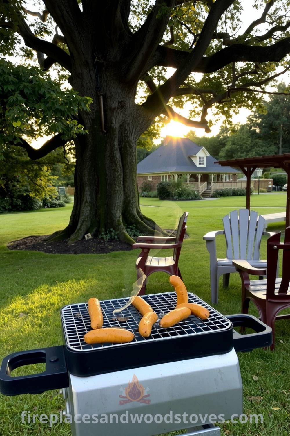 Simple barbecue under an oak tree with sizzling sausages on the grill, mismatched chairs around, and golden dusk light creating a cozy atmosphere, perfect for summer gatherings. For more cozy ideas and decor inspirations, visit fireplacesandwoodstoves.com.
