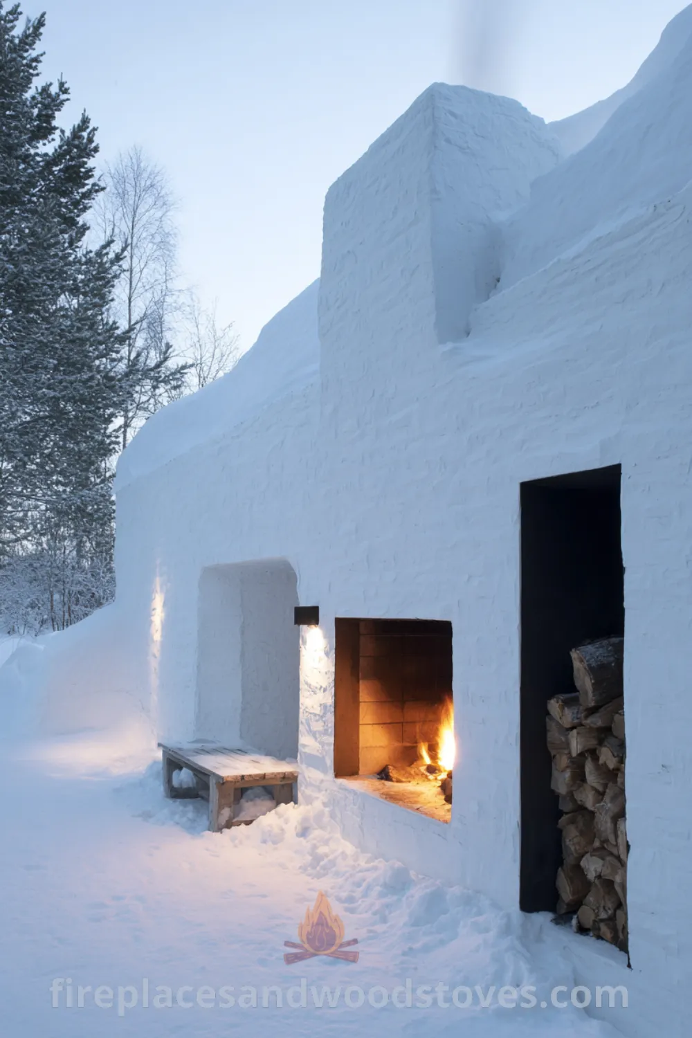 Minimalist outdoor fireplace with built-in wood storage, black steel accents, warm fire glow, and cozy outdoor space.